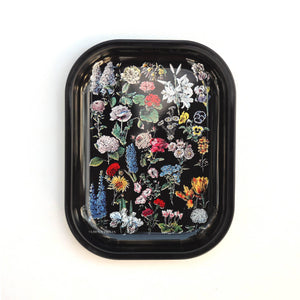 Small Metal Black Fleurs Ritual Tray / Vintage Floral Print